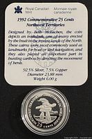 Mint card detailing composition, designer, dimensions, and encapsulated coin