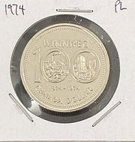 Reverse of 1974 Winnipeg Centennial Canadian dollar showing city scene within “100”