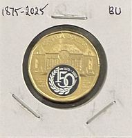 Reverse of colourized Supreme Court 150th Anniversary loonie in holder