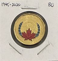 Reverse of colourized 2020 UN Charter loonie in holder