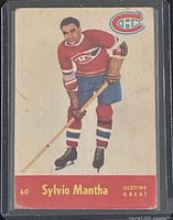 Front of 1955-56 Parkhurst Sylvio Mantha card showing player and card number