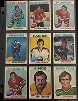 Front view of all nine O-Pee-Chee 1975-76 hockey cards in 3×3 sleeve