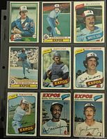 Fronts of nine Expos baseball cards in binder sheet