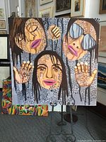 Front view of entire 48" x 48" oil painting showing three faces and hands