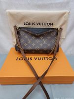 Front view of Pallas Clutch on box with dust bag backdrop