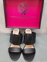 Overall view of sandals inside box showing style and condition