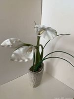 Full view of arrangement showing three calla lily blooms, green foliage, and ceramic pot