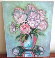 Full view of floral oil painting on canvas