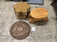 Wide shot of all three items: platter, pine stool, floral footstool