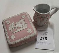 Overall view of jasperware box and MMA pitcher