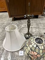 Lamp base, stained glass shade, extra fabric shade grouped