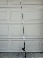 Full view of 6ft Zebco Adventure rod with attached reel against garage door