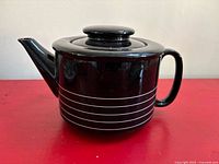 Right side view of black teapot with white pinstripes and lid