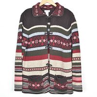 Full front view showing toggle closures, pockets, pattern and overall condition