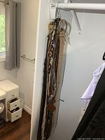 Belts hanging in closet on gold-tone hanger
