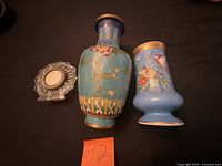 All three items: cloisonné vase, porcelain vase, pressed glass dish