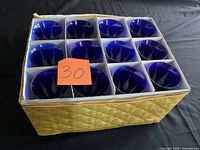 Open case showing 12 blue glasses in compartments