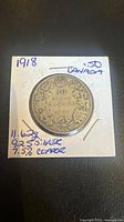 Reverse of 1918 Canadian 50¢ coin in holder with composition and weight noted