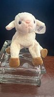 Full view of Ewey plush lamb sitting on glass stand