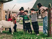 Family interacting with goat at Agriculture and Food Museum