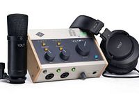 Interface, condenser microphone, headphones grouped together