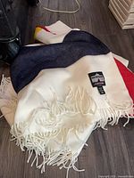 Blanket overall view showing multicolor bands and fringe