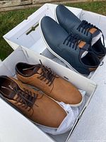 Both pairs of Aldo shoes in boxes, brown and navy colorways visible