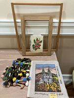 Overall lot: canvas, yarn, cherries kit, stretcher frames