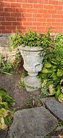 Full view of concrete urn planter set in garden