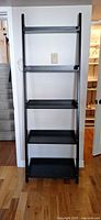 Full frontal view of black ladder bookshelf showing five shelves