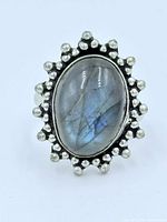 Front view of sterling silver ring with oval labradorite and beaded border
