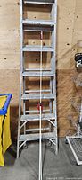 Full view of aluminum ladder leaning against wall with long white rod featuring red tip in front