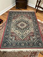 Full view of rug showing pattern, colors, and fringe