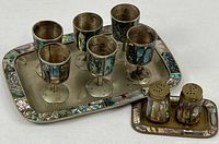 Full set showing large tray, six goblets, small tray with shakers