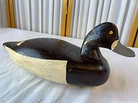 Right side view of duck decoy showing paint scheme and overall form