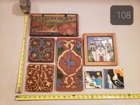 Front view showing all tiles and fruit crate sign with measuring tapes for scale