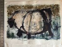Full view of monotype showing abstract cow/bull image
