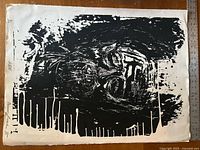Full view of entire linocut print showing composition and deckled edges