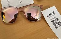 Front view showing translucent pink frame and mirrored lenses