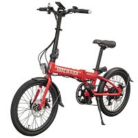 Red folding e-bike with rear wheel installed, labelled “EBIKE IN A BOX”