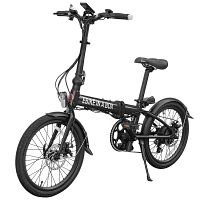 Three-quarter front view of assembled black folding e-bike