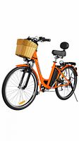 Marketing image of fully assembled orange Daymak Paris v5 e-bike with basket, rear rack, and battery location