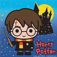 Finished design reference showing chibi Harry Potter artwork with Hogwarts and stars