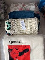 Stacked comforter, teal blanket, crochet afghan, packaged Esmond blanket