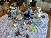 overview of all items on lace tablecloth