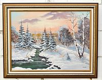Front view of framed oil painting showing entire winter landscape