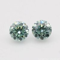 Two views of the same round brilliant moissanite gemstone showing faceting and color
