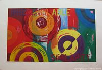 Overall view of signed abstract painting showing composition, colors and text