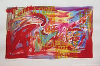Full view of abstract gouache on paper with vibrant colours and text