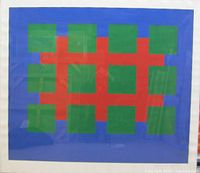 Front view of framed abstract gouache artwork showing green squares on red and blue background